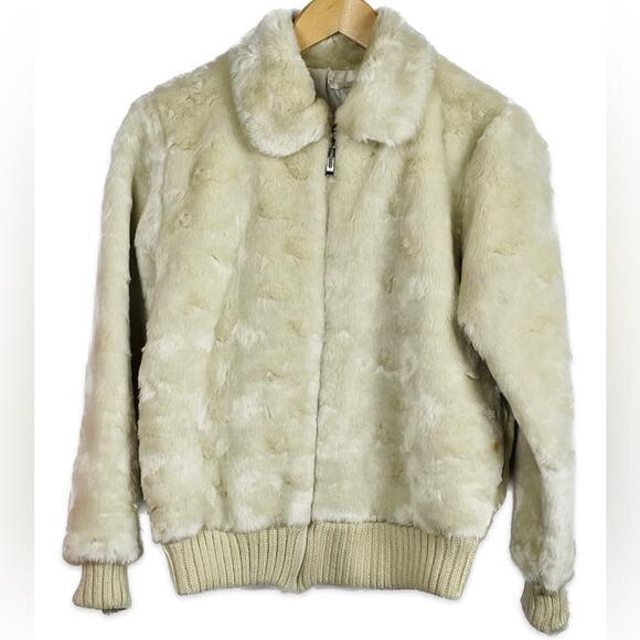 Vintage Y2K Faux Fur Creamy White Teddy 70s Jacket w/ Knit Tan cuffs & hem - Picture 1 of 15